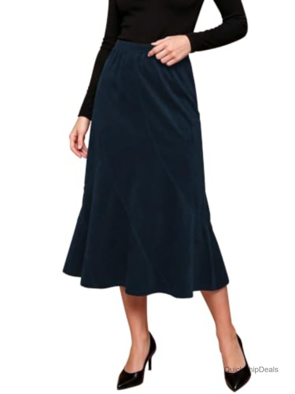 Faux Suede High Waisted A-Line Midi Skirt Pull-On Elastic Waist